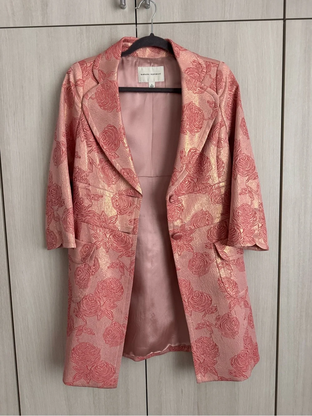 Banana Republic Rose-Patterned Pink Jacquard Blazer Coat Silk Sz S